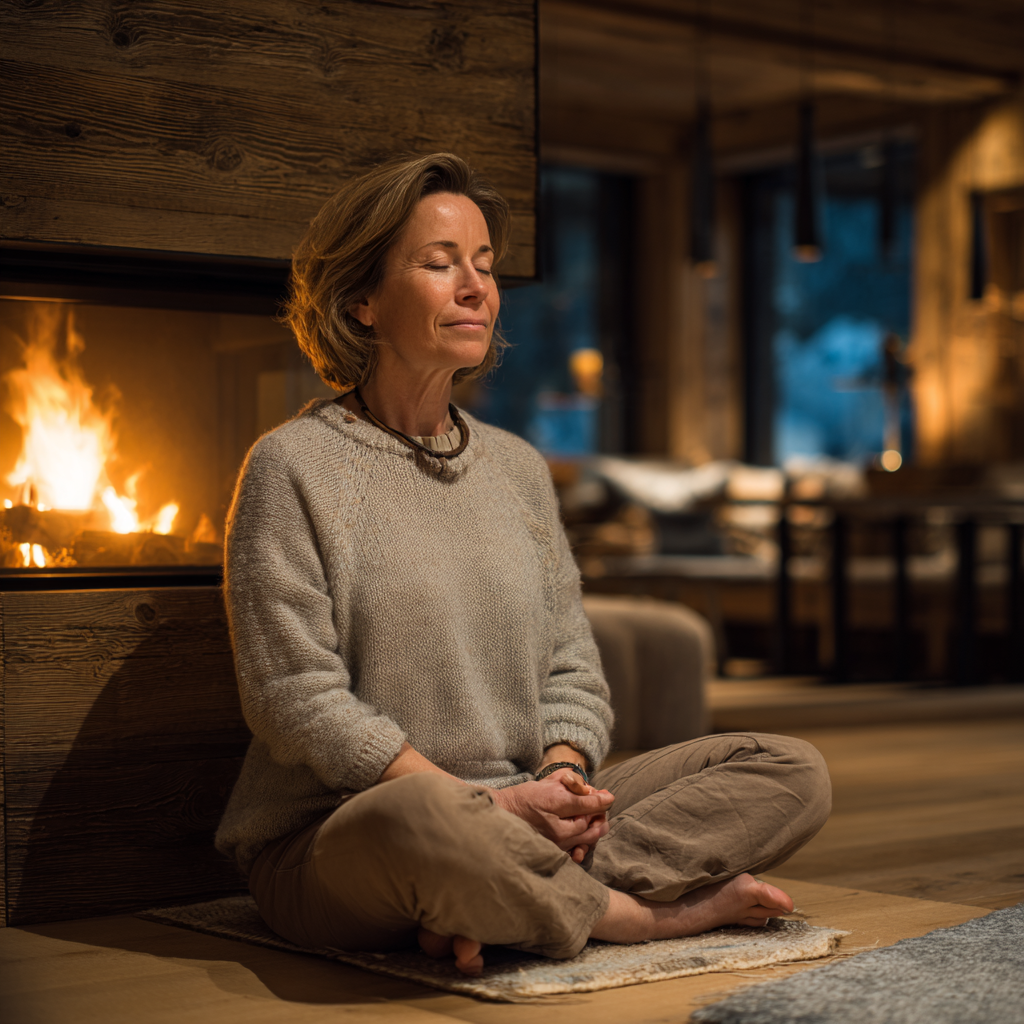 Žena meditujúca v pokojnom prostredí s jemnými farbami